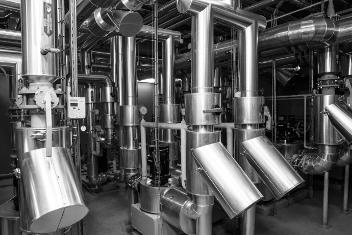 Industrial pipes and machinery in a factory